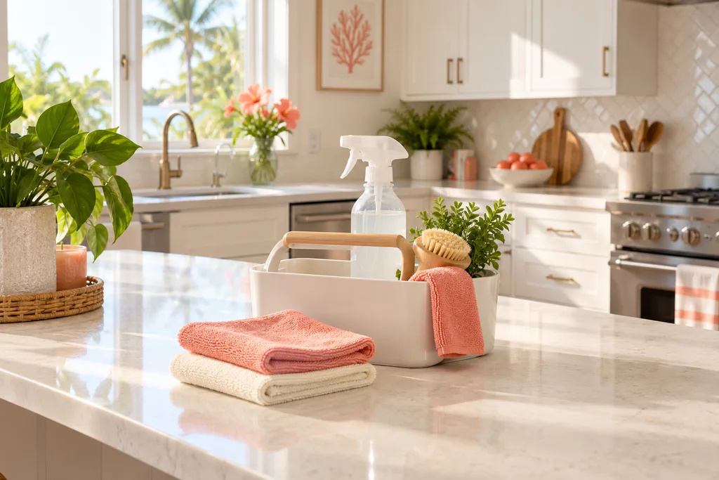 Cleaning caddy, spray bottle, and coral microfiber cloths on a bright kitchen counter