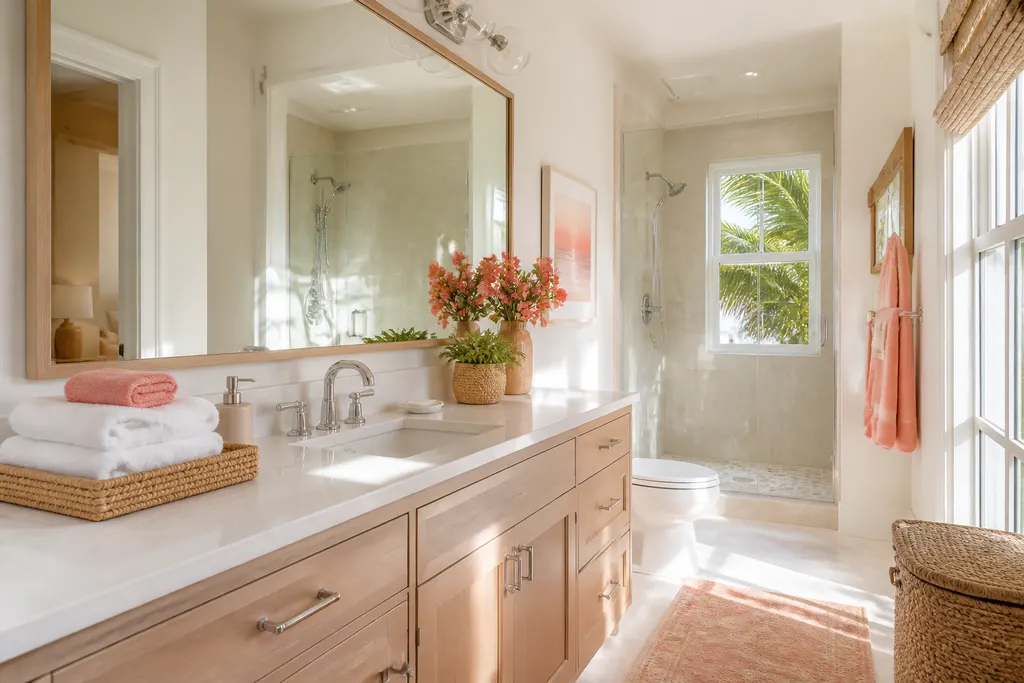 Spotless bathroom vanity with a streak-free mirror, polished faucet, and fresh white towels