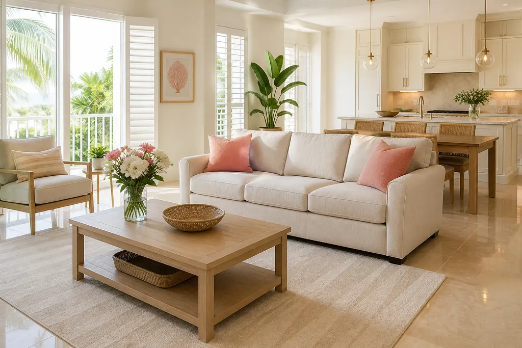 Bright, freshly cleaned living room in a Riverview, Florida home with a cream sofa and coral pillows